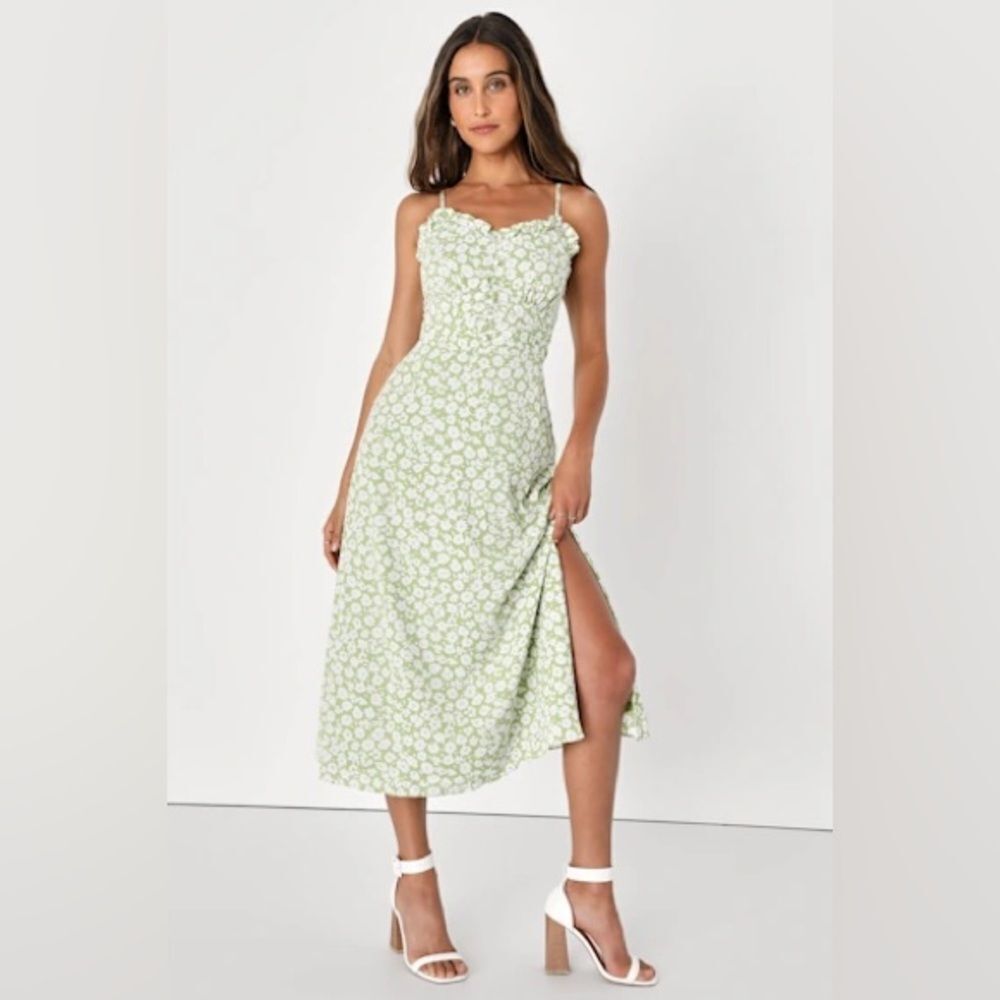 Lulus Timeless Touch Green Floral Print A-Line Midi Dress.